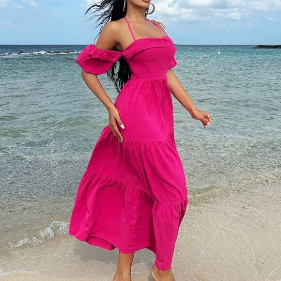 Pink Boho Women's Off-Shoulder Halter Belted Dress - Picture 4 of 5